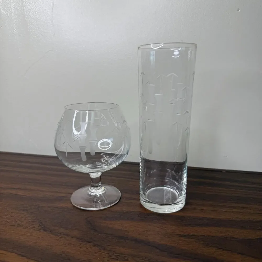 Vintage Noritake Sasaki Bamboo Etched Glass Set of Japan